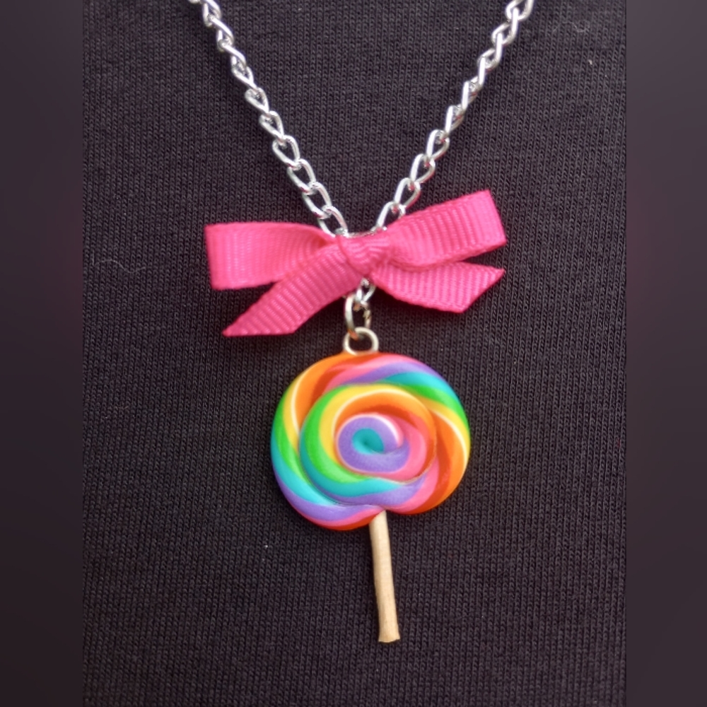 Rainbow Swirl Clay Lollipop Necklace
